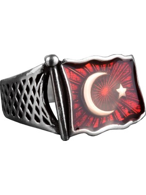 Ay Yıldız Bayrak Gümüş Erkek Yüzük, Türk Bayrağı Motifi Yüzük, 925 Ayar Gümüş Erkek Yüzük