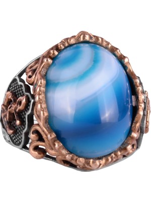 Doğal Mavi Akik Taş Yüzük, Denizci Aksesuarlı Yüzük, 925 Ayar Gümüş Yüzük Erkekler Için