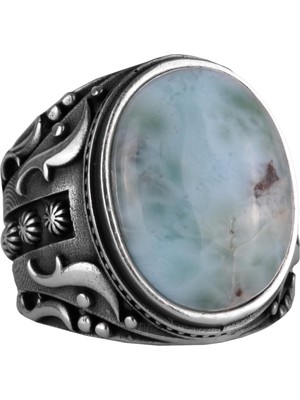 El Yapımı Doğal Larimar Taşlı Yüzük, 925K Katı Gümüş Erkek Yüzüğü, Okyanus Sakinliği Tasarımı