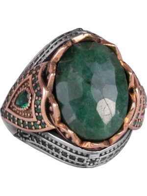 Doğal Taş El Yapımı Yüzük - 925 Ayar Gümüş Şık Yüzük (Zümrüt)