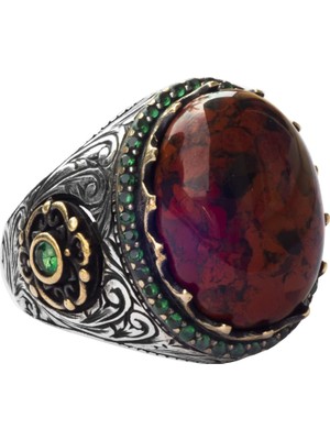 El Yapımı Gümüş Erkek Yüzük, Doğal Taş Yüzük (Kan Taşı)