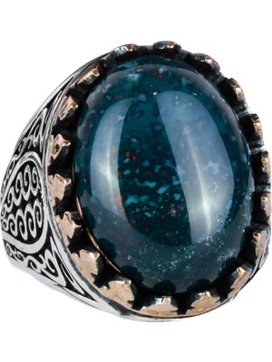 925 Ayar Katı Gümüş Erkek Yüzük - Doğal Yeşil Kan Taşı ile El Yapımı Şıklık