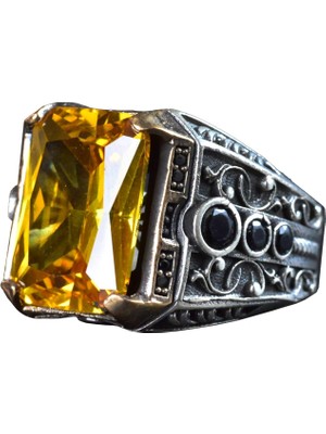 925 Ayar Gümüş Doğal Citrine Taşlı Erkek Gümüş Yüzük, Citrine Taşlı Erkek Yüzüğü, El Yapımı Oymalı Erkek Gümüş Yüzük, Türk Gümüş Yüzüğü, Sarı