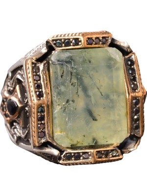 Prehnit Yeşim Taşı Yüzük - Ayar Gümüş Erkek Bant Yüzüğü