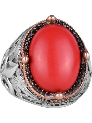 925 Ayar Gümüş Yüzükler, Kırmızı Mercan Yapay Taşlı Gümüş Yüzük