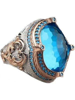 El Yapımı 925 Ayar Gümüş Erkek Yüzük Mavi Topaz Taşı Ile, Vintage Rodaj Kaplama Tasarım, El Yapımı Takı