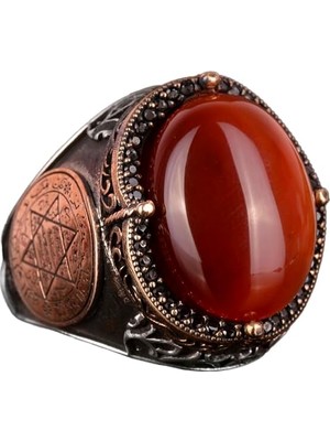 Doğal Kırmızı Akik Taş Yüzük, 925 Ayar Gümüş Yüzük, Süleyman Yıldızı Yüzük