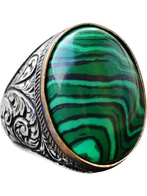 Doğal Malakit Taşı Erkek Yüzüğü - Büyük 925 Ayar Gümüş El Yapımı Yüzük