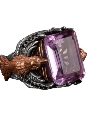 Doğal Ametist Taşlı Yüzük, Kuş Sembolü Yüzük, 925 Ayar Gümüş Erkek Yüzük