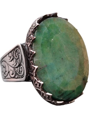 El Yapımı 925 Ayar Gümüş Erkek Yüzük, Zümrüt Taşı, Şık Taş Koleksiyonu