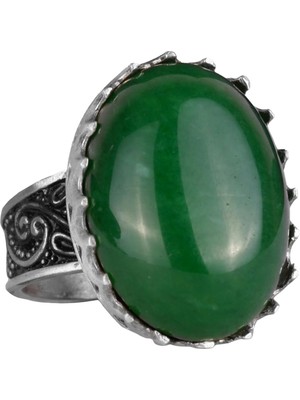 Doğal Taş Yüzük - 925 Ayar Gümüş Büyük Yüzük - El Yapımı Yüzük (Jade)