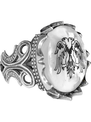 925 Ayar Gümüş Erkek Yüzük - 5.30 Karat Doğal Inci Taşı, Çift Başlı Kartal Tasarımı