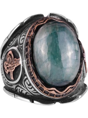 Osmanlı Tuğra Gümüş Yüzük, Doğal Cabochon Zümrüt Taşlı Yüzük, 925K Sert Gümüş Erkek Yüzüğü