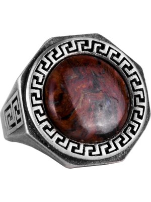 Doğal Taş Yüzük - 925 Ayar Saf Gümüş El Yapımı Erkek Yüzük (Pietersite)