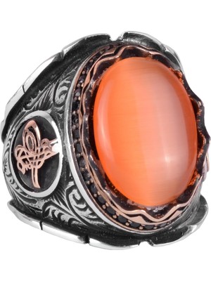 Turuncu Kedi Gözü Yapay Taş Erkek Osmanlı Tuğra Yüzüğü, 925 Ayar Gümüş Yüzükler