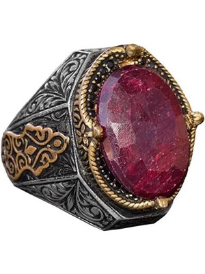 El Yapımı Vintage Tasarım Zümrüt Yüzük - 925 Ayar Gümüş Erkek Yüzük Altın Aksesuarlarla (Yakut)