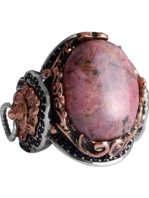 El Yapımı Doğal Rodonit Taşı Yüzük, 925 Ayar Sert Gümüş Yüzük, Aslan Başı Erkek Yüzüğü