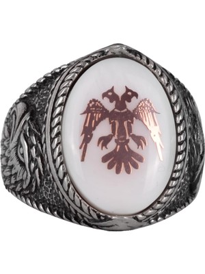 Erkekler Için Çift Başlı Kartal Yüzüğü - Kartal Sembolü Takı - 925 Ayar Gümüş El Yapımı Erkek Yüzüğü (Beyaz)