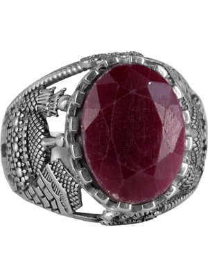 Doğal Yakut Taşlı Yüzük, Camii Gümüş Erkek Yüzüğü, 925 Ayar Sterlin Gümüş Yüzük