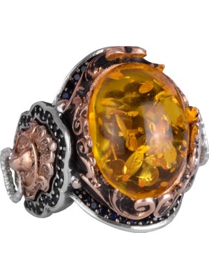 Bal Amber Yapay Taş Yüzük | Şık El Yapımı 925 Ayar Gümüş Erkek Yüzük