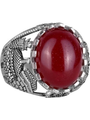 Doğal Kırmızı Akik Taş Yüzük, 925 Ayar Sert Gümüş Yüzük Erkekler Için