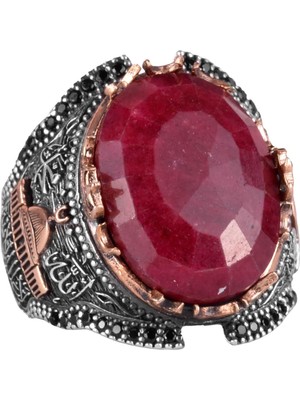 Doğal Yakut Taşlı Yüzük, Camii Gümüş Yüzük, 925 Ayar Sterlin Gümüş Yüzük