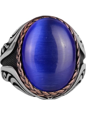 925 Ayar Gümüş Yüzük - Yapay Taş Gümüş Yüzük - El Yapımı Yüzük (Yapay Koyu Mavi Göz Taşı)