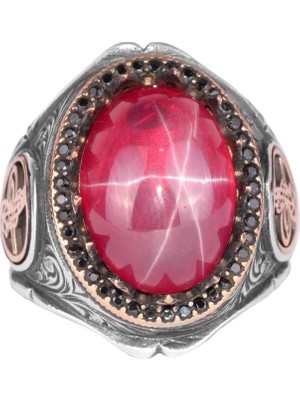 925 Ayar Katı Gümüş Erkek Yüzüğü Doğal Taşlarla - El Yapımı Şıklık (Yıldız Yakutu Taşı)