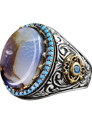 Doğal Yemen Akik Taşı Yüzük, El Yapımı Tughra Tasarımı, 925 Ayar Gümüş Erkek Yüzük