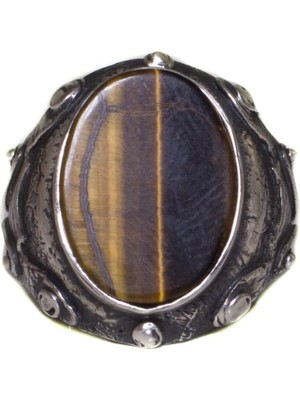 Antik Gümüş Erkek Yüzük - 925 Ayar Gümüş Yüzük ile Doğal Kaplan Gözü Taşı