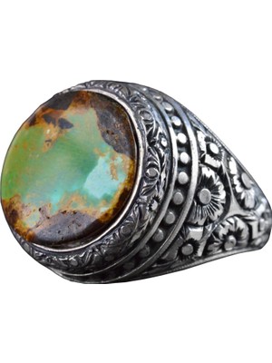 El Yapımı Turkuaz Taş Yüzük, 925 Ayar Gümüş Erkek Yüzüğü, Vintage Çiçek Tasarımı