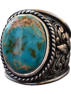 Doğal Mavi Jasper Taşı Büyük Zambak Desenli Sterlin Gümüş Erkek Yüzüğü - Cesur ve Şık