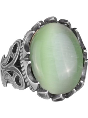 Lüks 925K Sterlin Gümüş Erkek Yüzük - Farklı Yaratılmış Taşlarla Mevcut (Açık Yeşil Kedi Gözü Yaratılmış Taş)