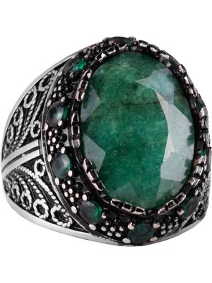 Doğal Zümrüt Taşlı Yüzük - Lüks 925 Ayar Gümüş El Yapımı Erkek Takısı