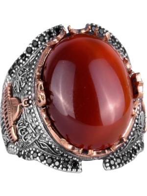 Doğal Kırmızı Akik Taş Yüzük, 925 Ayar Gümüş Yüzük Erkekler Için