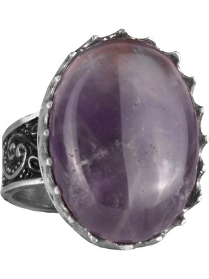 Doğal Taş Yüzük - 925 Ayar Gümüş Büyük Yüzük - El Yapımı Yüzük (Ametist)