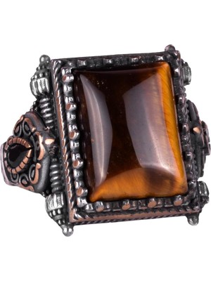 Doğal Taş Yüzük - 925 Ayar Katı Gümüş Erkek Yüzüğü ile Kaplan Gözü - Modern Tasarım