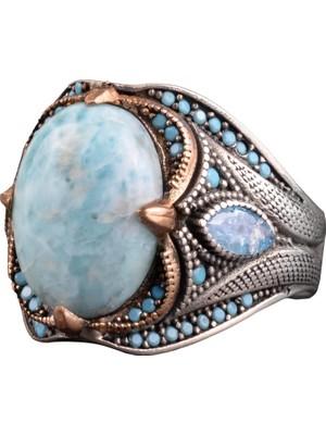 Larimar Taşlı Yüzük, 925 Ayar Gümüş Yüzük, Larimar Erkek Yüzüğü, Mavi
