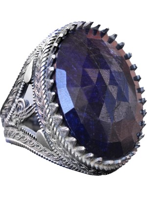 El Yapımı Doğal Taş Yüzük, 925 Ayar Gümüş Erkek Yüzük - Görkemli ve Şahane Tasarım (Mavi Safir)