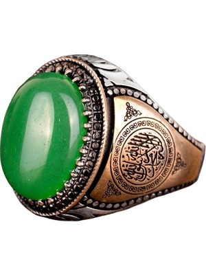 El Yapımı 925 Ayar Gümüş Erkek Yüzük Doğal Yeşil Jade Taşı - Islami Tasarım