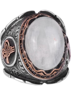 Doğal Cabochon Akuamarin Taş Yüzük, Osmanlı Imparatorluğu Tuğra Gümüş Yüzük, Huzur Temalı 925K Katı Gümüş Erkek Yüzük
