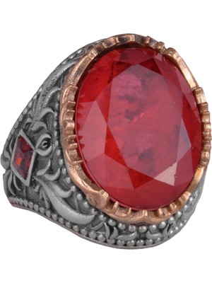 Yapay Taş Yüzük - El Yapımı Erkek Yüzüğü - Zarif 925 Ayar Gümüş Erkek Takısı (Yapılmış Kırmızı Paraiba)