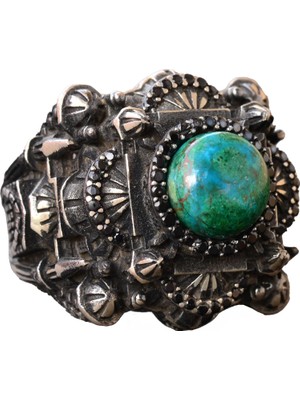 Erkekler Için Lüks 925 Ayar Gümüş Yüzük - Krysokolla Taşı ile Şık ve Görkemli Tasarım