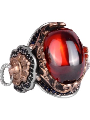 Aslan Sembol Yüzük, Cabochon Yapay Granat Taşı Yüzük, 925 Ayar Gümüş Yüzük, Tasarım Gümüş Erkek Yüzüğü