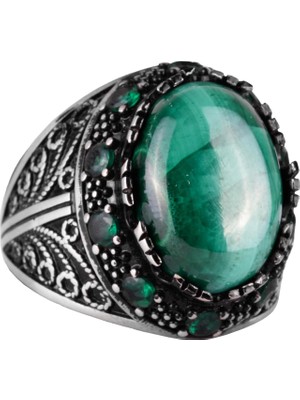 Doğal Malakit Taşı Yüzük - 925 Ayar Gümüş El Yapımı Erkek Takısı