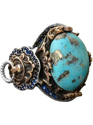 Doğal Arizona Turkuaz Taşlı Aslan Yüzüğü - Gümüş Erkek Yüzüğü