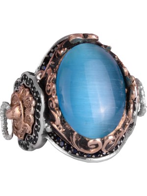 925 Ayar Gümüş Erkek Yüzük - Açık Mavi Kedi Göz Taşı - Aslan Sembolü El Yapımı Yüzük