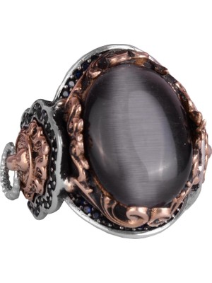 925 Ayar Gümüş Erkek Yüzük - Siyah Kedi Gözü Yapay Taş - Aslan Sembolü El Yapımı Yüzük