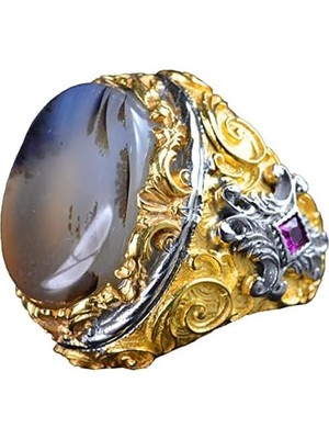 Doğal Yemeni Akik Taşı Yüzük, El Yapımı Sultan Yüzük, 925 Ayar Gümüş Altın Kaplama Erkek Yüzüğü