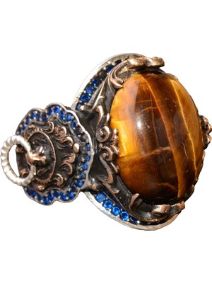 El Yapımı 925 Ayar Gümüş Erkek Yüzük, Taşlı Yüzük, Aslan Tasarımı, Altın Kaplama Doğum Taşı Yüzüğü (Kaplan Gözü)